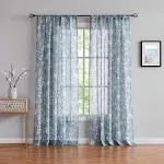 FMFUNCTEX Linen Sheer Curtains for Bedroom, Blue White Blossom Print Curtains 96 Inches Long for Living Room,Floral Patterned Farmhouse Curtains