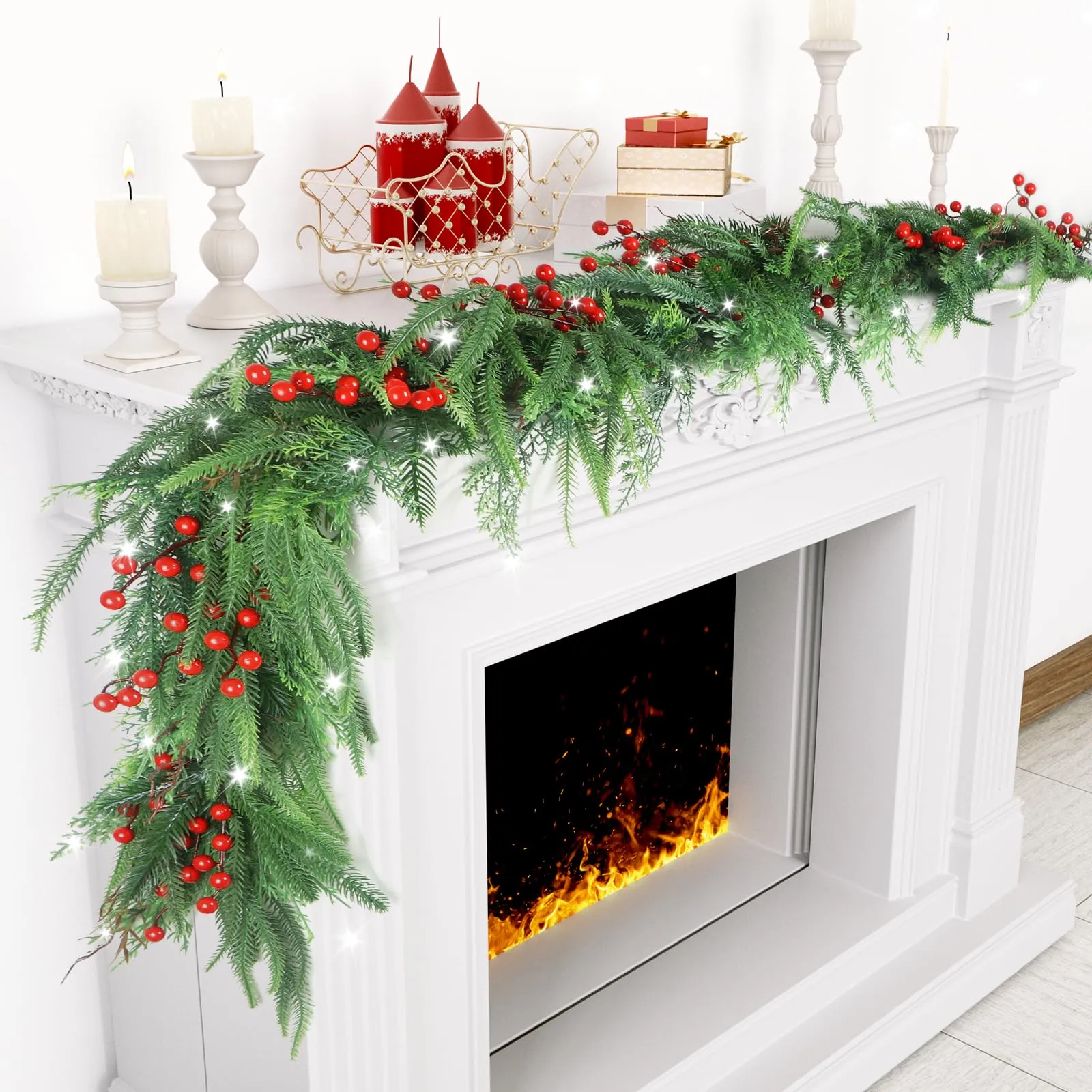 Norfolk Pine Cypress Garlands with Green Berry 6Ft Artificial Soft Christmas Pine Garland