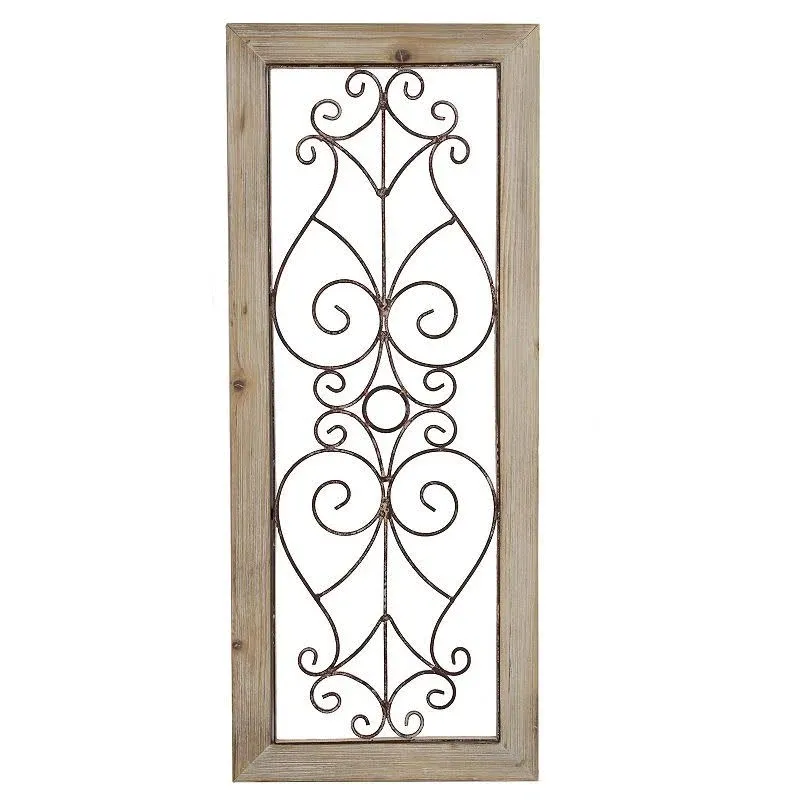 Lavish Home Metal and Wood Wall Panel - Decorative Swirls and Scrolls Wall Art Trimmed in Rustic Wood Frame for Home, Office, and Bedroom Decor