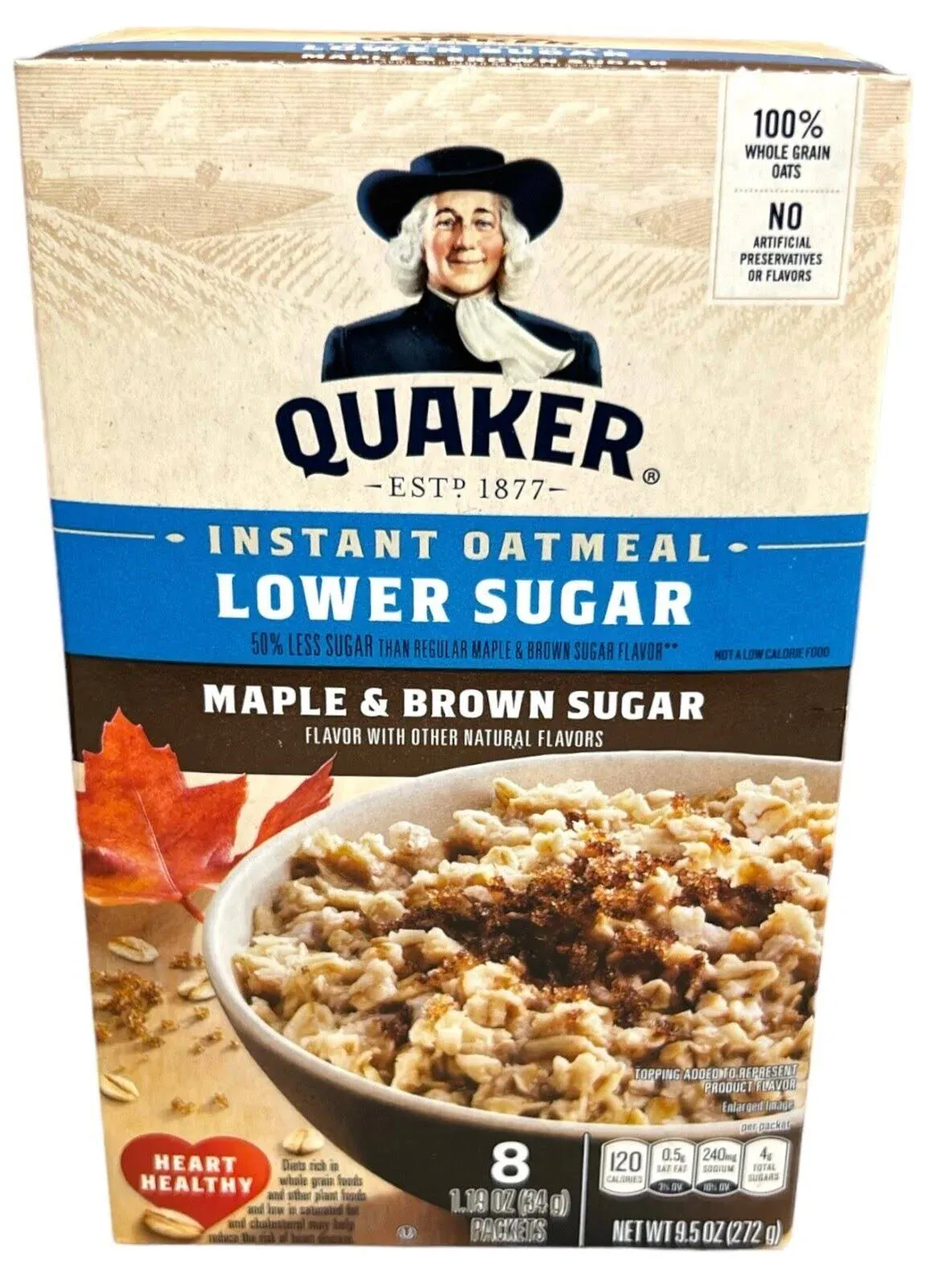 Quaker Instant Oatmeal, Lower Sugar, Maple & Brown Sugar - 8 pack, 1.19 oz packets