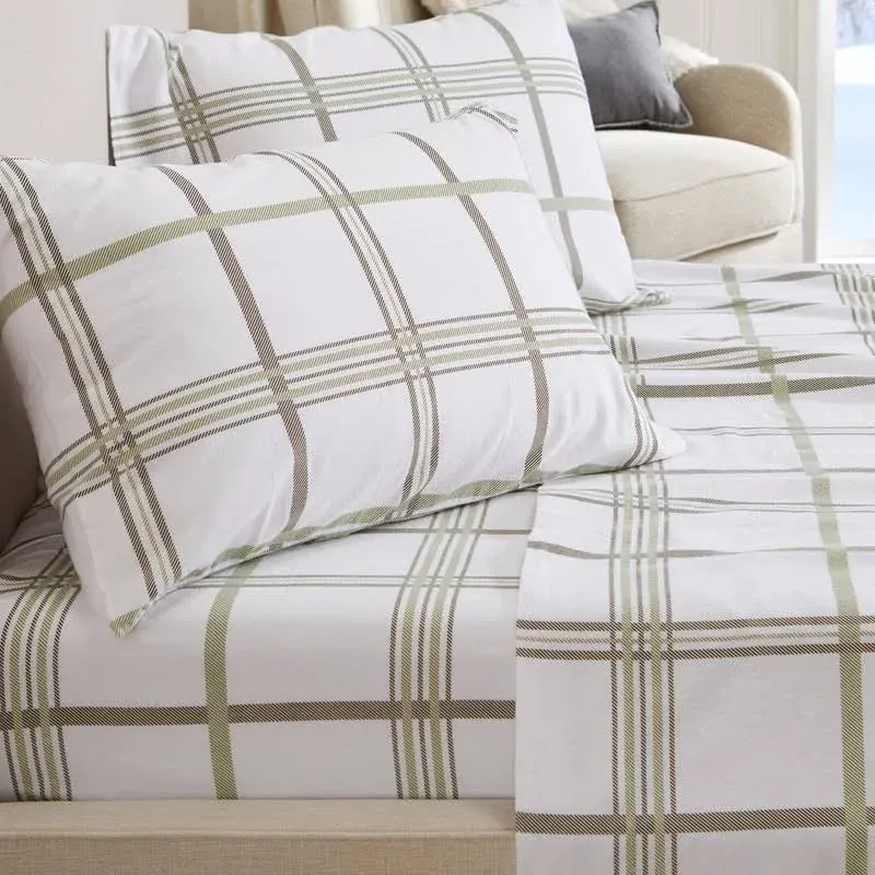 Great Bay Home Flannel Sheet Set King Size - 100% Turkish Cotton, Double-Brushed, Printed Bed Sheets - Ultra-Soft, Cozy, 4-Piece Bedding Set (Windowpane - Olive)