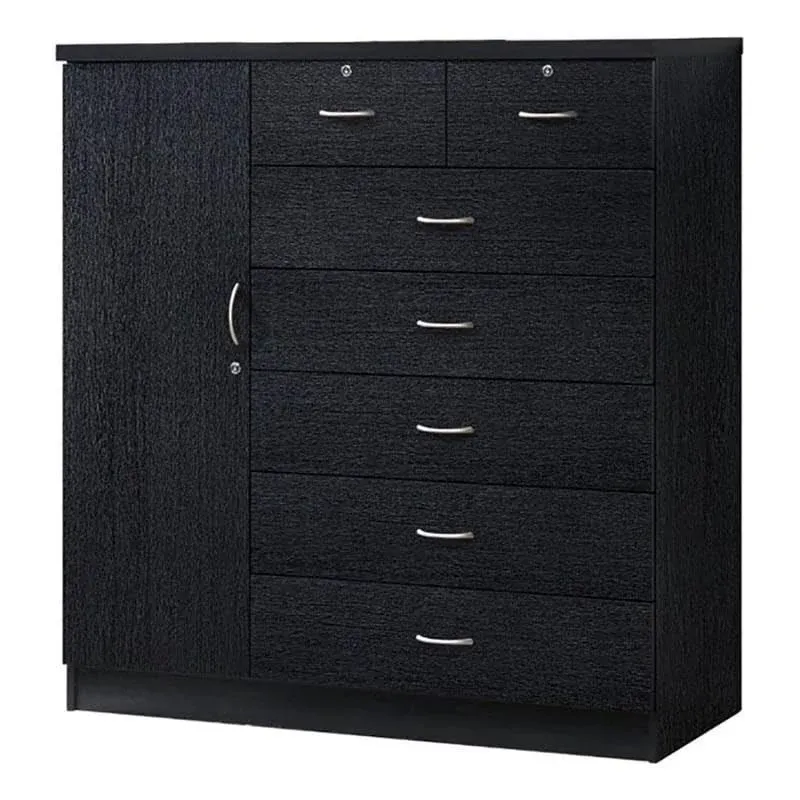 Pemberly Row Tall 7 Drawer Chest with 2 Locking Drawers and Garment Rod or Extra Storage in Black