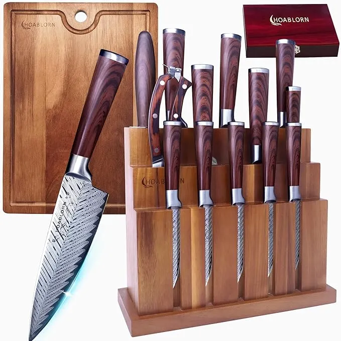 Knife Set With Block Created 20 pcs Block Knives Set HOABLORN Chef's Set: AK01, Extra Cutting Board in a Luxurious Knife Holder, Big Value and Elegant Kitchen Set for Wedding & Housewarming