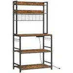 VASAGLE Hutch Bakers Rack with Power Outlet, Kitchen Storage Shelf, Rustic Brown and Black