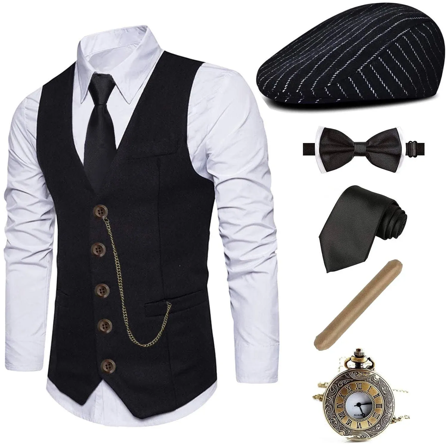 EFORLED 1920s Mens Costume Fedora Hat,Gatsby Gangster Vest,Vintage Pocket Watch,Pre Tied Bow Tie,Tie