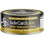 Safe Catch Wild Ahi Yellowfin Tuna Fish Canned, Wild Caught, Lowest Mercury, Lean Protein, Omega 3, Gluten-Free, Kosher, in Extra Virgin Olive Oil, Pack of 6