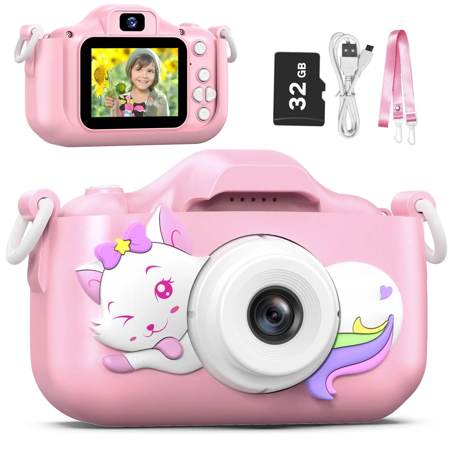 Goopow Kids Selfie Camera Toys for Girls Age 3-9, Digital Video Camera Toy with Protective Cover,Christmas Birthday Festival Gifts for 3-9 Year Old Girls Boys- 32GB SD Card Included (DC-H21-PINK)