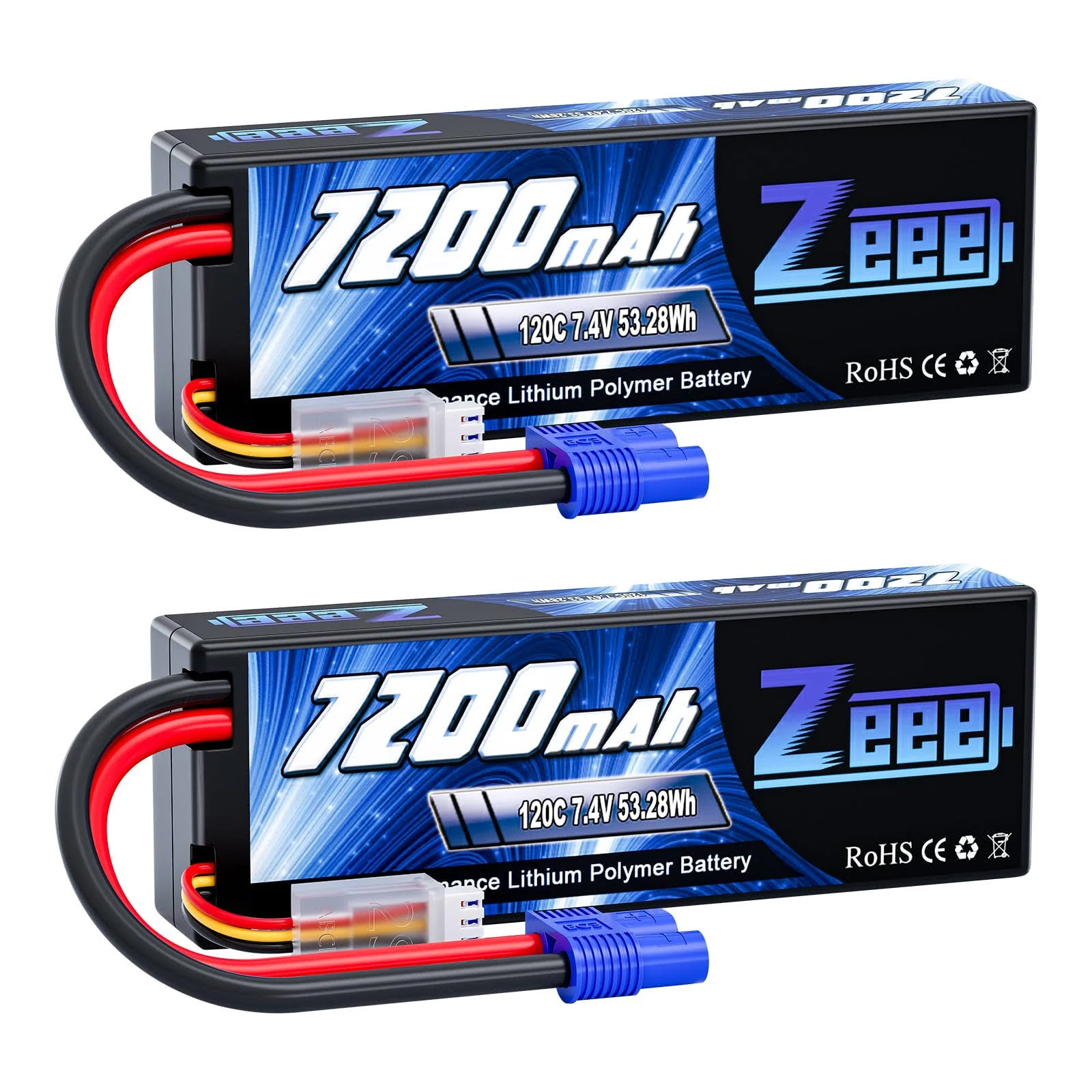 Zeee 2S Lipo Battery 7200mAh 7.4V 120C Hard Case RC Battery with EC3 Connector for RC Car Truck Truggy Buggy Tank 1/10 Scale Racing Models(2 Pack)