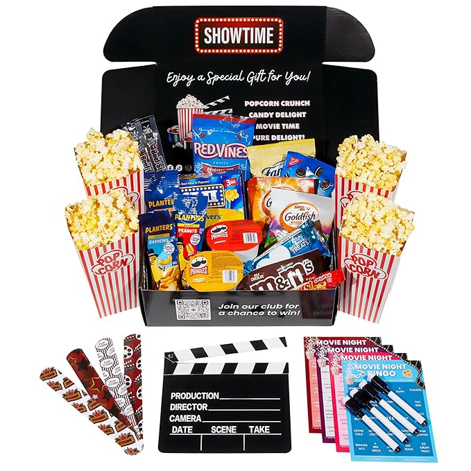 Movie Night Basket Gift Set - Popcorn, Candy, Snacks, Bingo and more - 33 Items - Movie Night Gift Box, Gift Basket for Date Night, Family Night, Birthday, College Students, Teens, Men, Women, Kids, Grandpa, Grandma, Friend or Teacher