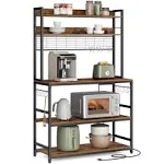 VASAGLE Hutch Bakers Rack with Power Outlet, 14 Hooks Microwave Stand, Adjustable Coffee Bar with Metal Wire Panel, Rustic Brown and Black UKKS038B01