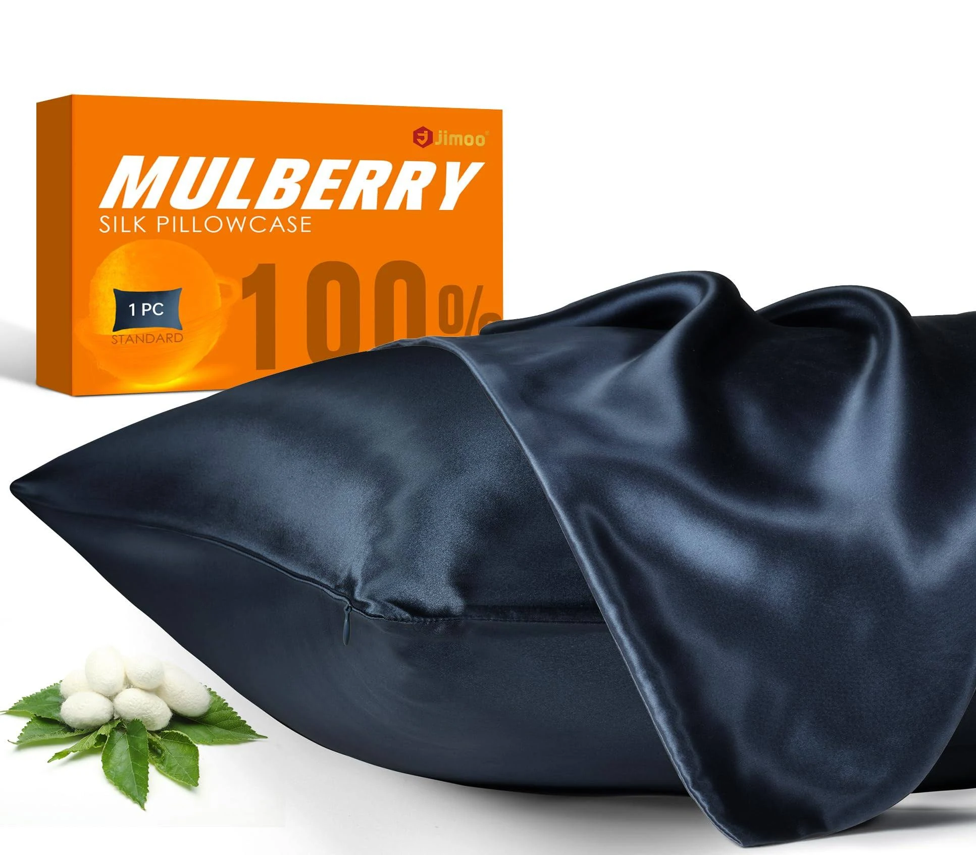 100% Mulberry Silk Pillowcase for Hair and Skin, 22 Momme Natural Silk Pillow Case with Zipper, Both Sided Pure Silk Pillow Cover for Women Mom Men (Navy Blue, Standard 20''×26'')