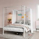 Sha CERLIN Metal Canopy Bed Frame Full Size/Mattress Foundation with Metal Slats Support/No Box Spring Needed/Easy Assembly/White