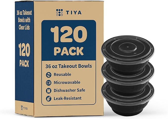 TIYA Food Takeout Bowls - 36 oz Bulk 120 Pack with Lids - Black Plastic Storage To-Go Containers - Reusable Microwavable Dishwasher Safe Restaurant Bowls - Leak Resistant for Soups & Meal Prep