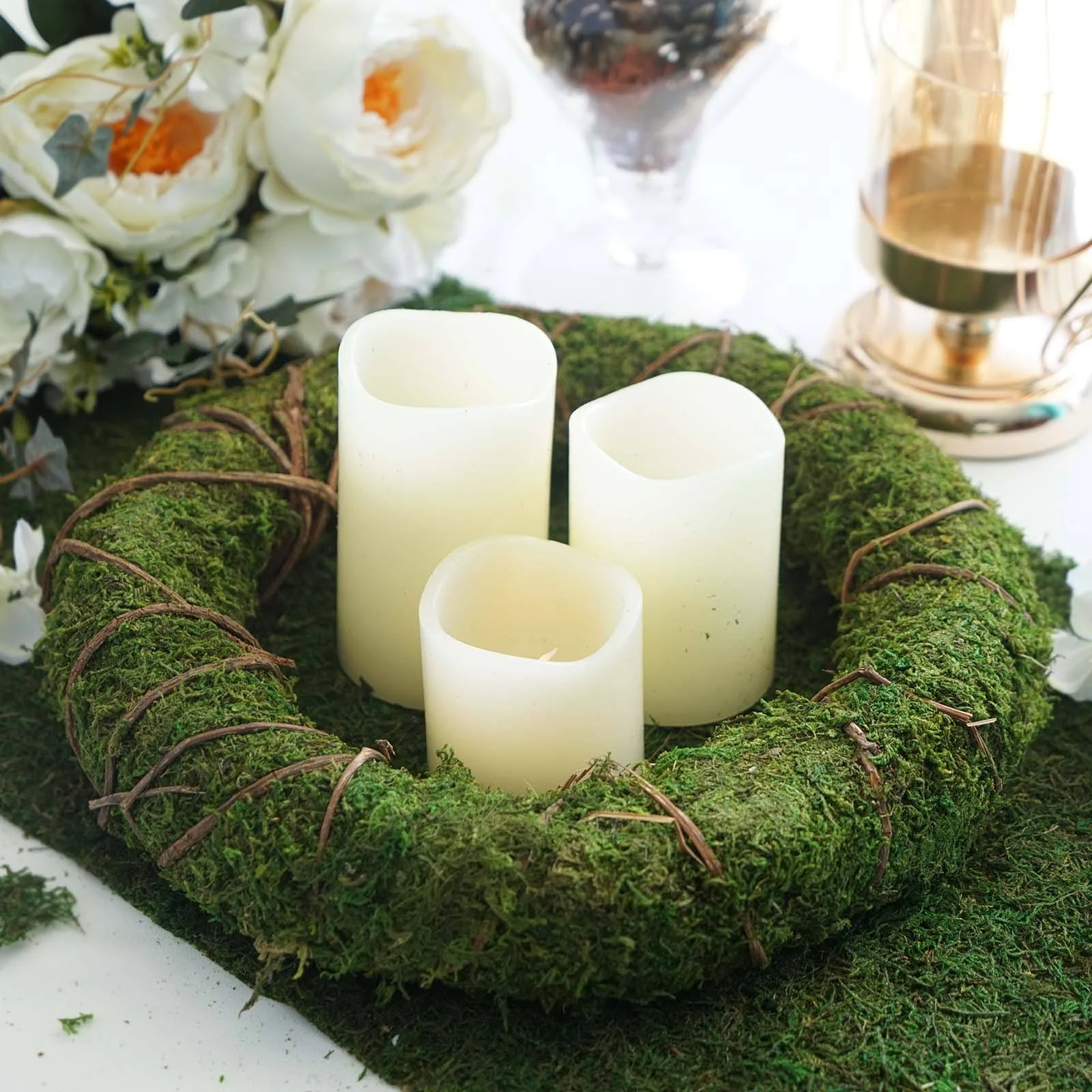 Tableclothsfactory 2 Pack | 14" Green Preserved Moss Wreaths with Natural Twig Wraps for Wedding Decoration Party Centerpiece Decor