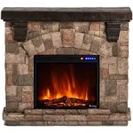 Alpine LED Electric Fireplace Stove with Faux Wood and Stone Mantel - Remote - 3D Log and Fire