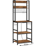 VASAGLE Hutch Bakers Rack with Power Outlet, 14 Hooks Microwave Stand, Adjustable Coffee Bar with Metal Wire Panel, Rustic Brown and Black UKKS037B01