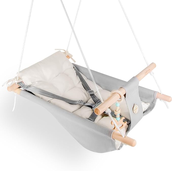 Baby Swing Indoor and Outdoor, Canvas Hammock Swing for Baby to Toddler with a Comfortable Seat, Macaroon Wooden Toy, Adjustable 5-Point Harness,3 Modes,Gift for Baby Boys Girls, Grey&White