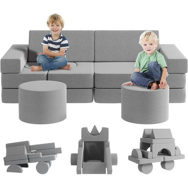 Kids Couch 13PCS, Modular Toddler Couch with 2 Ottomans, Fold Out Kids Couch