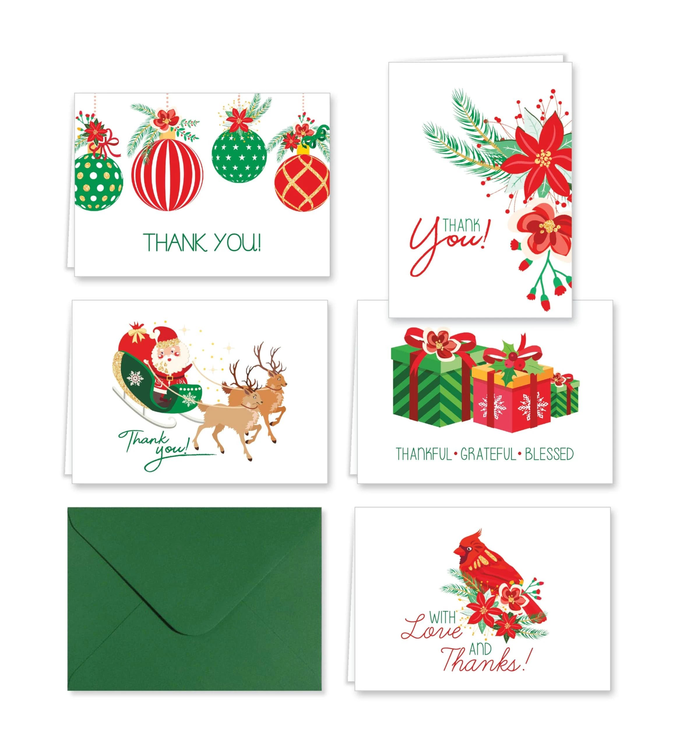 Paper Frenzy Traditional Christmas Thank You Note Cards and Envelopes - 25 pack