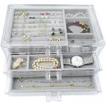 Acrylic Jewelry Box 3 Drawers, Velvet Jewellery Organizer, Earring Rings Necklaces Bracelets Display Case Gift for Women, Girls