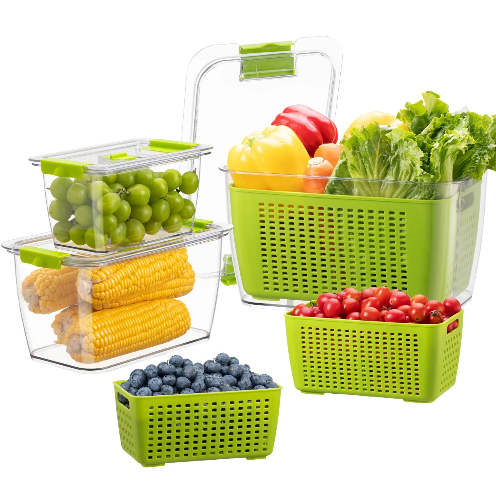 LUXEAR Fresh Produce Vegetable Fruit Storage Containers 3Piece Set, BPA-free Fridge Storage Container, Partitioned Salad Container, Fridge Organizers, Used in Storing Fruits Vegetables, Green