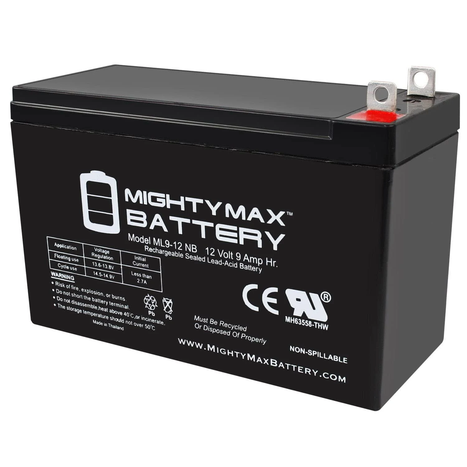 ML9-12NB -12 Volt 9 AH, Nut and Bolt (NB) Terminal, Rechargeable SLA AGM Battery