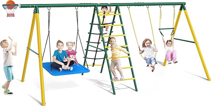 Osoeri Swing Sets for Backyard, 6 in 1 Swing Sets,Heavy-Duty Metal Swing Sets for Backyard with 2 Swings, Climbing Ladder and Nets,Trapeze Bar and Basketball Hoop