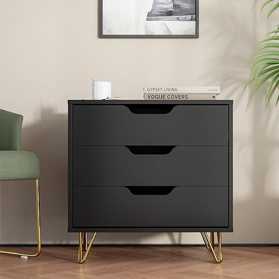 Cozy Castle 3 Drawer Dresser Set of 2, Modern Dresser for Bedroom, Storage Dressers with Wide Chest of Drawers for Kids Bedroom, Black Dresser for Living Room, Nursery, Hallway, Black