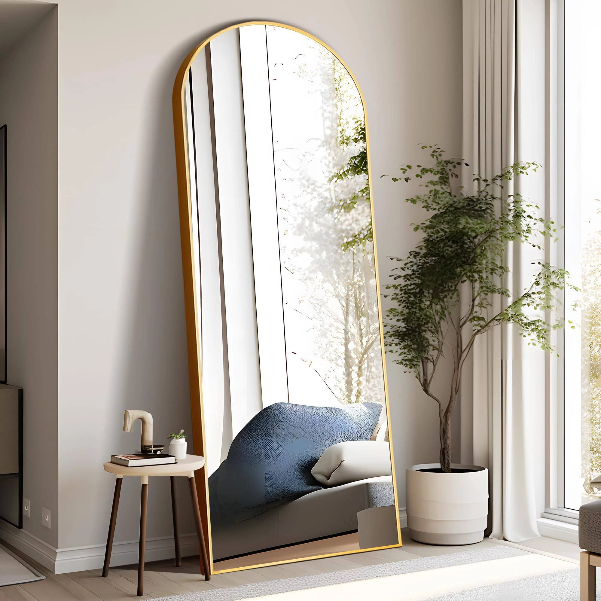 NeuType Arched Full Length Mirror Standing Hanging or Leaning Against Wall, Oversized Large Bedroom Mirror Floor Mirror Dressing Mirror, Aluminum Alloy Thin Frame, Gold, 71"x28"