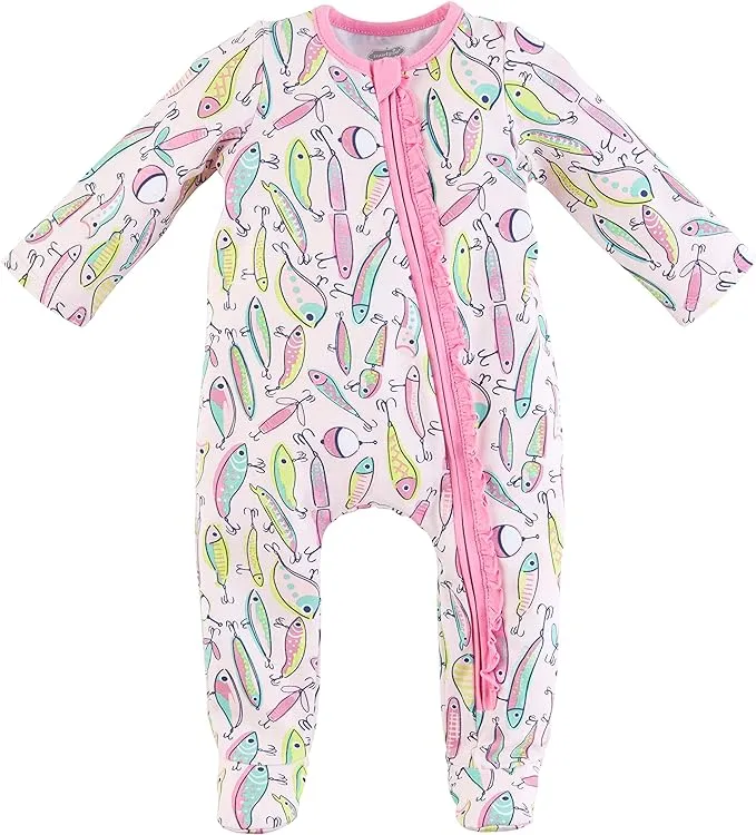 Mud Pie Baby Girl Sleeper, Pink Fishing, 3-6 Months