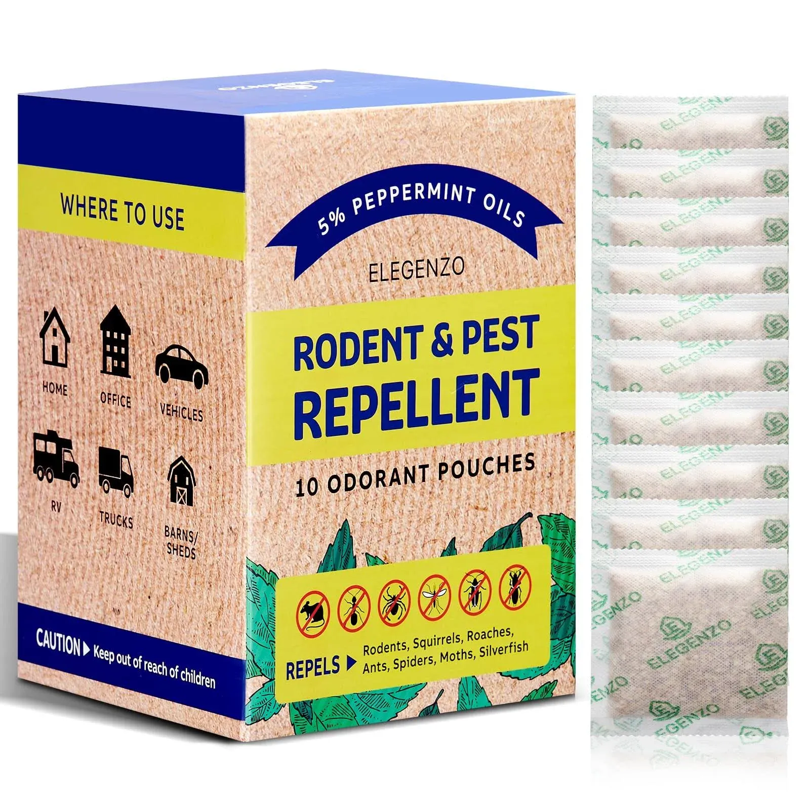 ELEGENZO Mouse Repellent Pouches, 35% Peppermint Oil Pest and Rodent Repellent, Mice Repellent with Peppermint Oil to Repel Mice and Rats, Squirrels, Roaches, Ants, Spiders, Moths, 10 Odorant Pouches