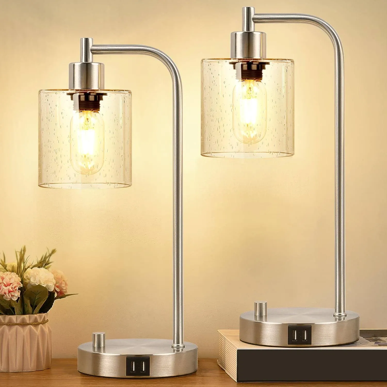 【Upgraded】Set of 2 Industrial Table Lamps with 2 USB Port, Fully Stepless Dimmab