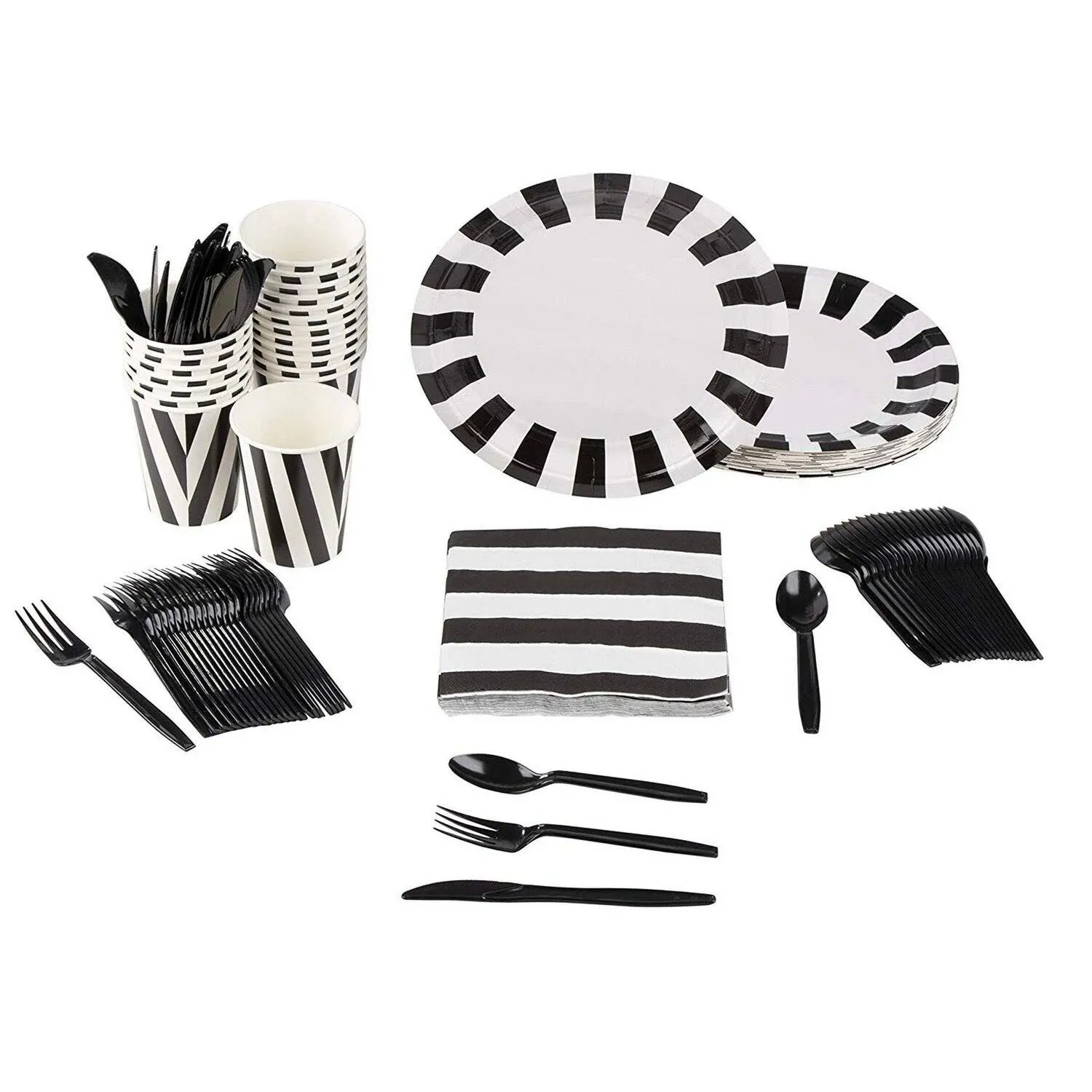 144 Piece Black and White Party Decorations - Serves 24 Striped Party Supplies with Plates, Napkins, Cups and Cutlery for Birthday, Graduation