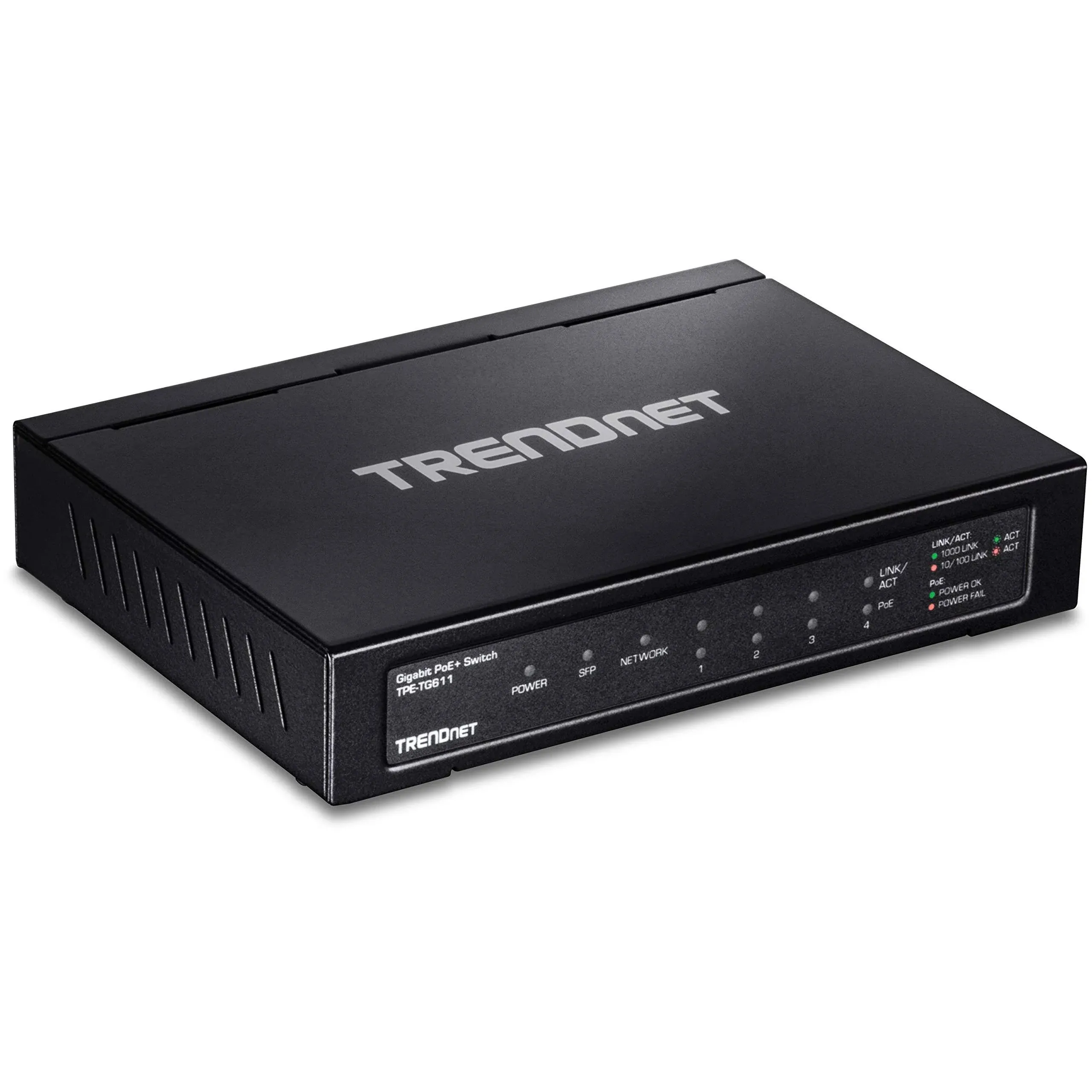 TRENDnet 6-Port Gigabit Poe+ Switch, TPE-TG611, 4 X Gigabit Poe+ Ports, 1 X Gigabit Port, 1 X SFP Slot, Supports 100/1000Base-FX Fiber SFP Modules, Ethernet Desktop Network Switch