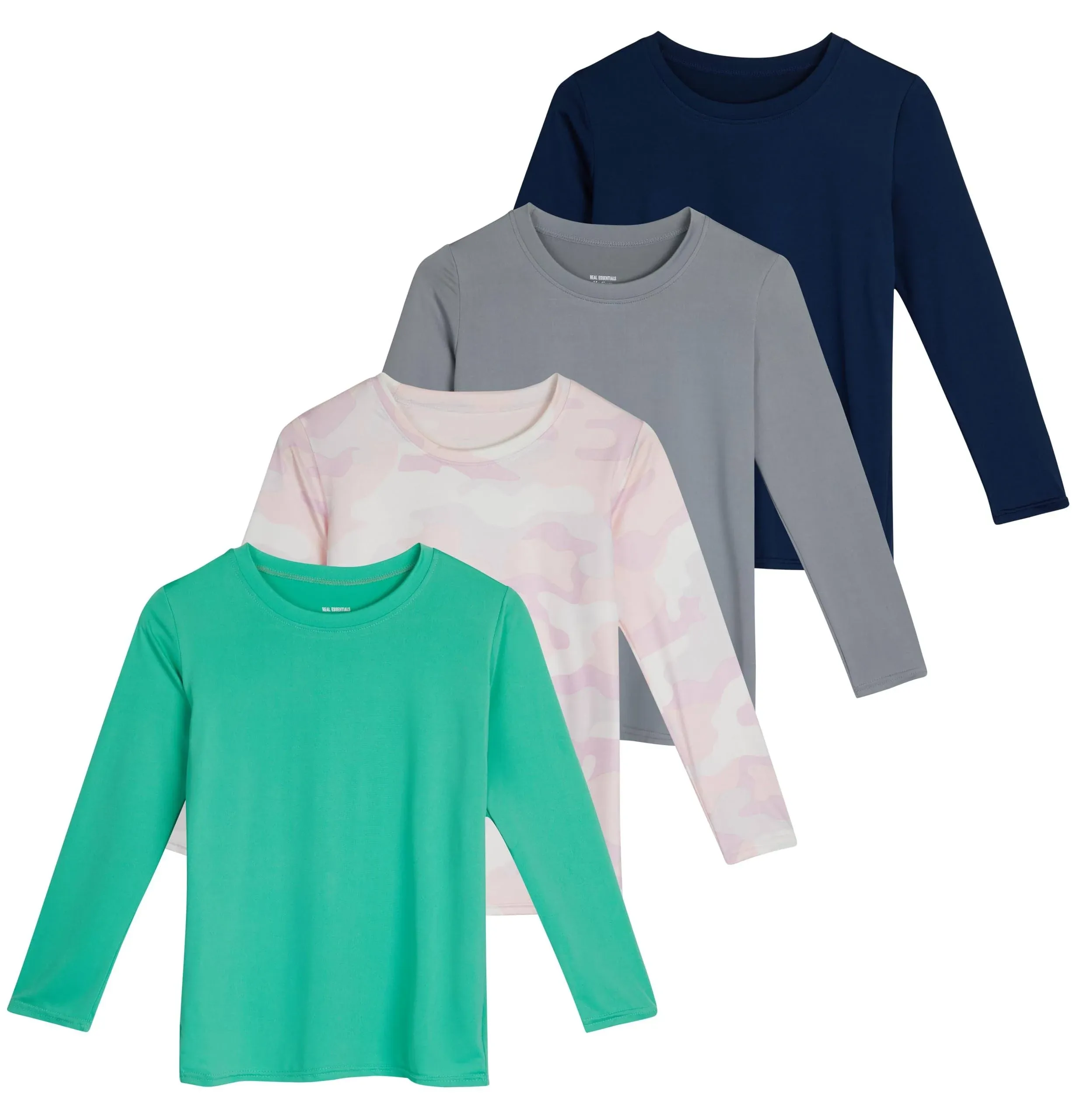 Real Essentials 4 Pack: Girls Dry-Fit Long Sleeve Active Crew Neck T-Shirt - Super Soft Tee