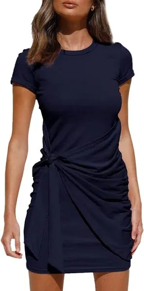 LILLUSORY Womens Wedding Guest Wrap Dress Short Sleeve Bodycon Ruched T Shirt