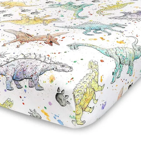 Watercolor Dinosaur Jersey Knit Cotton Crib Sheet | Extra Soft and Stretchy