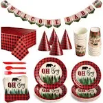 194 Pc Lumberjack Baby Shower For Boy Lo Plaid Party Supplies Decorations