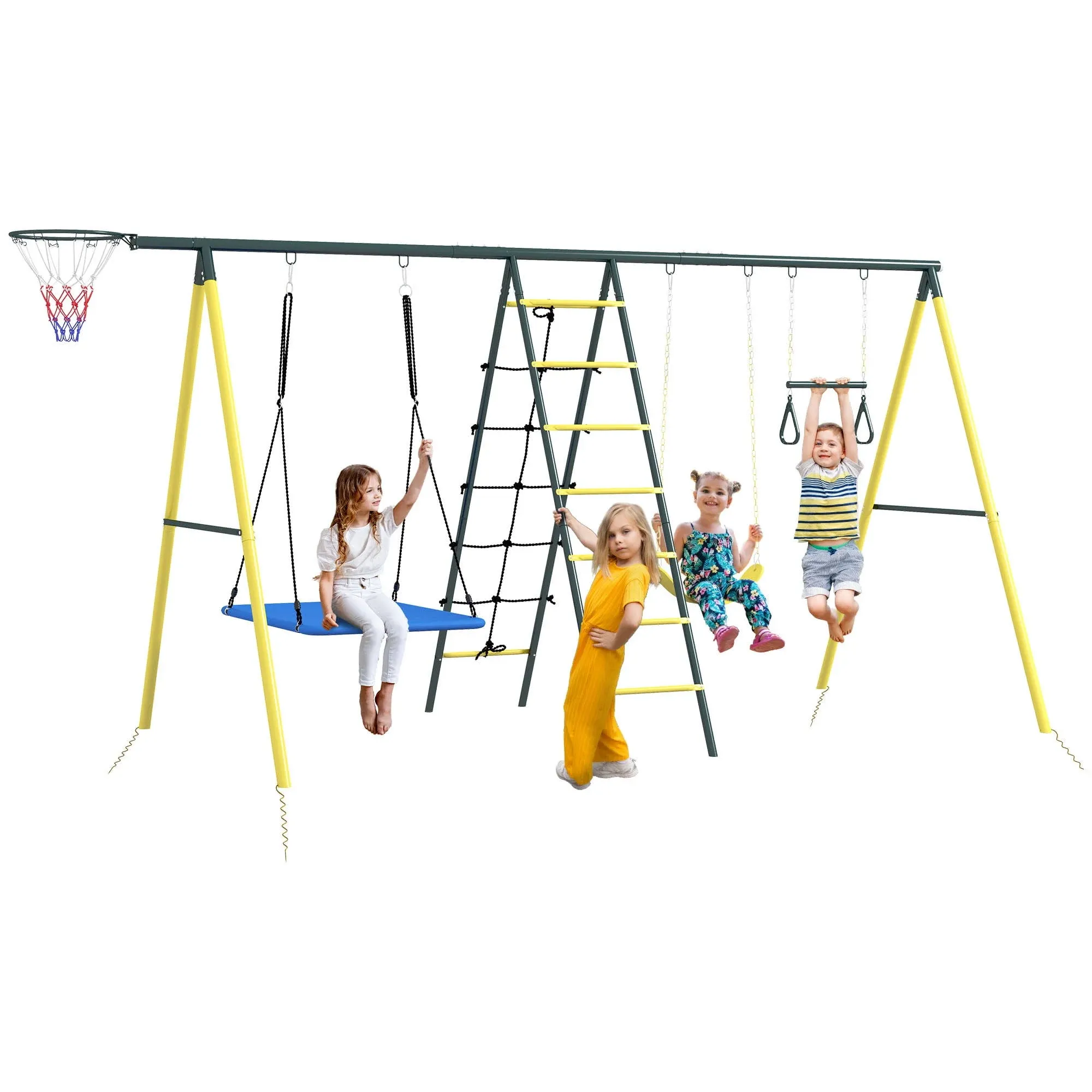 Outsunny Metal Swing Set for Backyard 5 in 1 Design with Nest Swing, Basketball Hoop, Seat, Gym Rings, Climbing Net and Ladder for Ages 3-8, Yellow