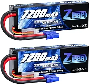 Zeee 2S Lipo Battery 7200mAh 7.4V 120C Hard Case RC Battery with EC3 Connector for RC Car Truck Truggy Buggy Tank 1/10 Scale Racing Models(2 Pack)