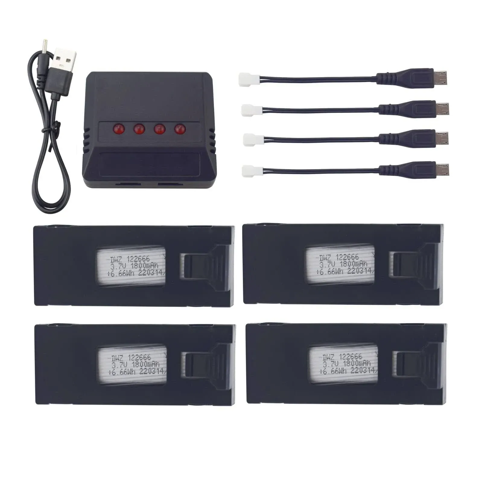 4PCS 3.7V 1800mah Lithium Battery with 4in1 Charger for E88 E88PRO E88MAX E525