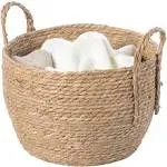 Vintiquewise Decorative Round Wicker Woven Rope Storage Blanket Basket with Braided Handles - Medium