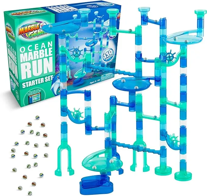 Marble Genius Marble Run Starter Set STEM Toy for Kids Ages 4-12 - 130 Complete Pieces (80 Translucent Marbulous Pieces and 50 Glass Marbles), Construction Building Block Toys, Theme (Ocean),