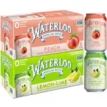 Waterloo Sparkling Water Two Flavor Pack, Zero Calories/Sugar/Artificial Sweeteners/Sodium, Lemon-Lime/Peach, 192 fl oz, Pack of 16