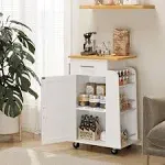 Shintenchi Small Kitchen Island On Wheels with 3-Tier Side Spice Rack and Rubber Wood Top, Trolley Cart with Storage Cabinet & Drawer and Handle