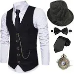 EFORLED 1920s Mens Costume Fedora Hat,Gatsby Gangster Vest,Vintage Pocket Watch,Pre Tied Bow Tie,Tie