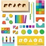 The Block Set by Lovevery - Solid Wood Building Blocks and Shapes + Wooden Storage Box, 70 Pieces, 18 Colors, 20+ Activities