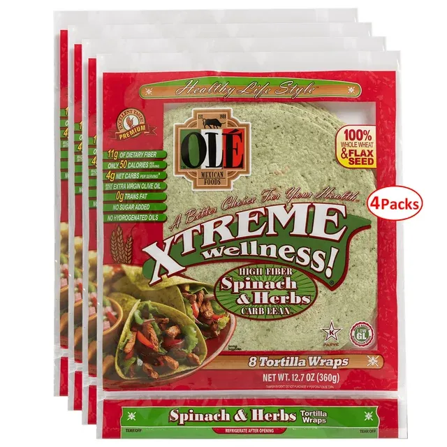 Ole Xtreme Wellness Spinach & Herbs Flour Tortilla Wraps | 8" Size | 8 Count Each Pack | 4 Pack Case // Healthy Life Style.