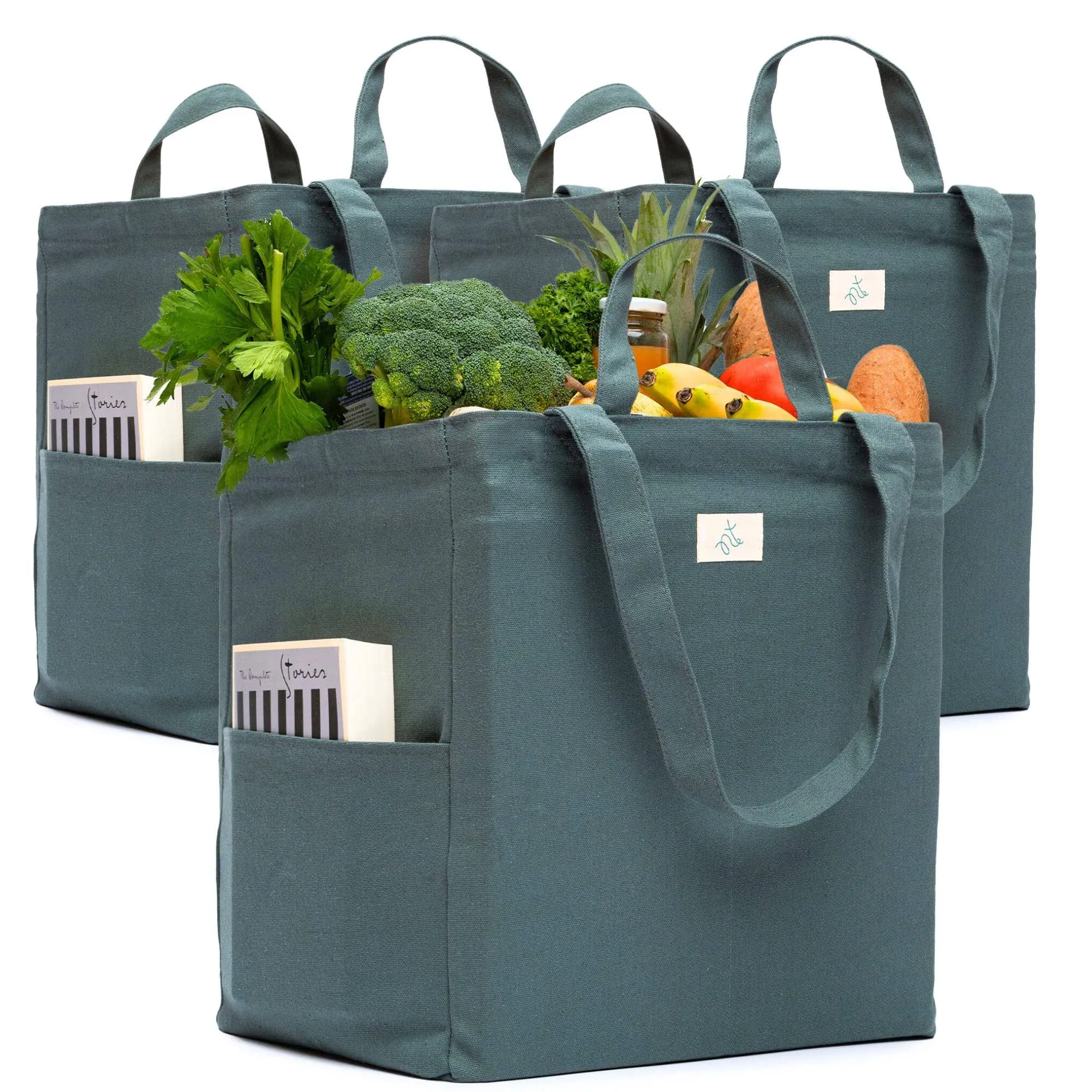 Reusable Grocery Bags - 100% Cotton 12Oz Canvas Grocery Bags with Handles, La...