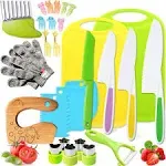 IELEK Kids Knife Set for Real Cooking Toddler Kitchen Tools Include 4 Serrated Edges Plastic Safe Knives,Crinkle Cutter Y Peeler Cutting Boards Wood Kids